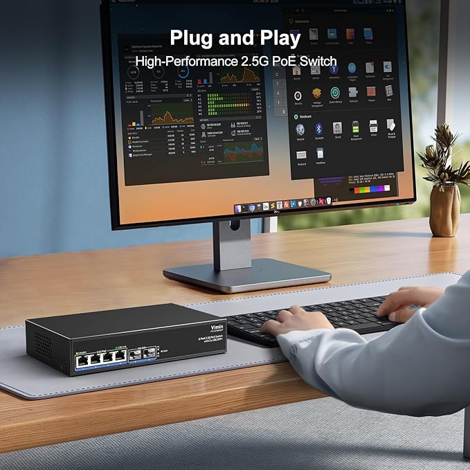 6-Port 2.5G PoE Switch Unmanaged, 4X 2.5GBase-T PoE Ports, 2X 10Gbps SFP, 4 Port PoE Switch 60Gbps Switching Capacity, Support IEEE802.3af/at, Metal Housing, Fanless, Desktop/Wall Mount 2.5Gbe Switch