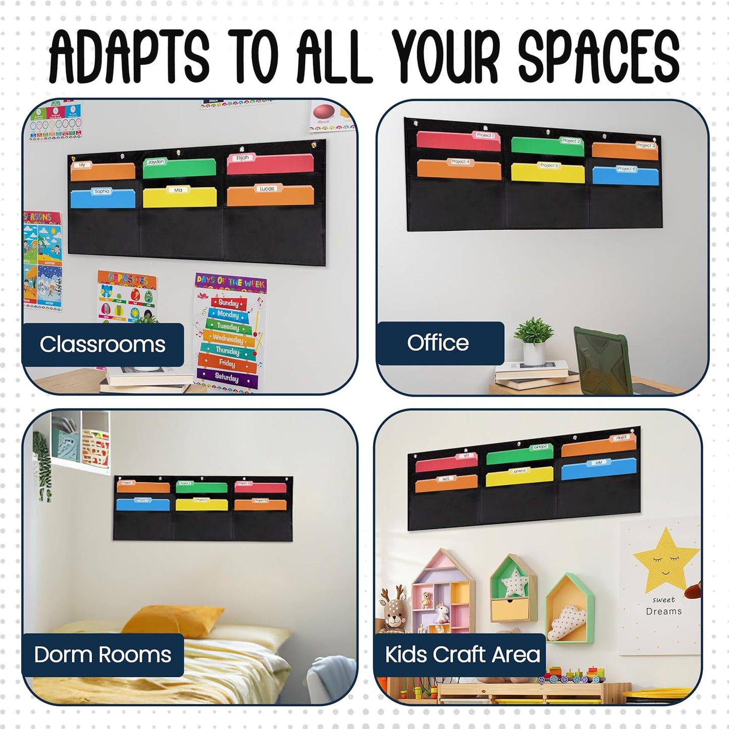 Essex Wares - 6 Pocket Horizontal File Hanging Paper Organizer for Letter Documents, Black, 42" Wide x 15.5" - Hanging Pocket File Organizer - Black Pocket Chart for Classroom & Office - 6 Pockets