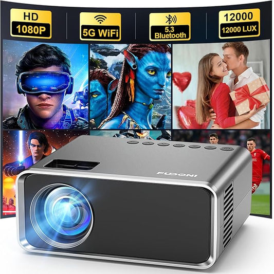 FUDONI Projector with WiFi and Bluetooth 4K Supported, Upgraded Outdoor Movie Projectors Native 1080P FHD, Video Proyector for Home Theater, Compatible w/HDMI/USB/iOS/Android/Windows/TV Stick