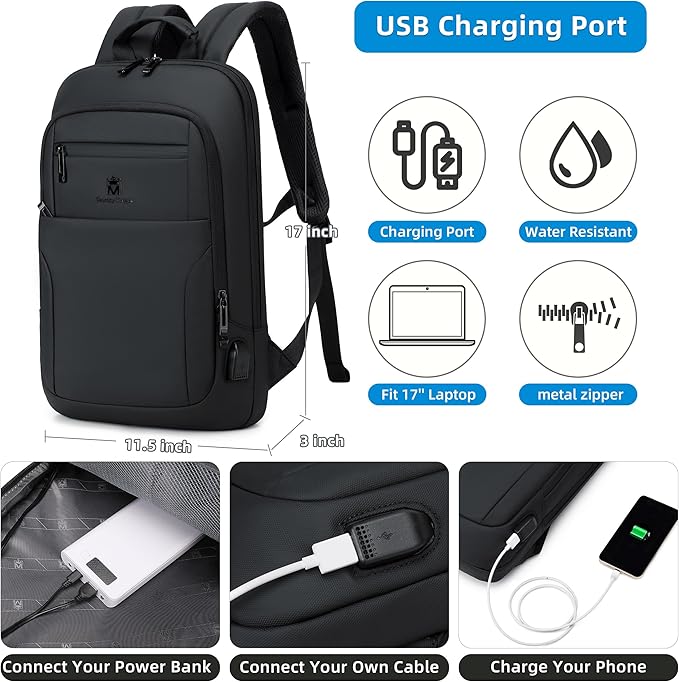 Caoroky knight Backpack Laptop Men 15.6 inch Slim Work Business Backpacks with USB Charging Port Mens Travel Bag Bookbag (Black, Medium)