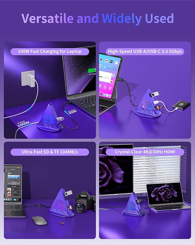 USB C Hub, 8-in-1 USB Hub with 4K@30Hz HDMI, 100W PD, 5Gbps USB-Ax3 & USB-Cx1, SD/TF Card Reader. RGB Gaming Hub, Dark Purple Desk Accessory for Women, Compatible with MacBook, XPS, Surface, etc.
