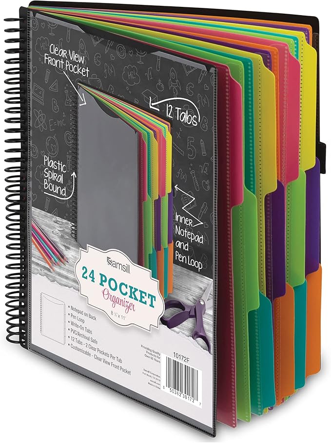 Samsill Deluxe 24 Pocket Spiral Project Organizer with Refillable Notepad Holder, Customizable Front Cover, 12 Dividers with Erasable Write-On Tabs in Fashion Colors, Plastic Folders with Pockets