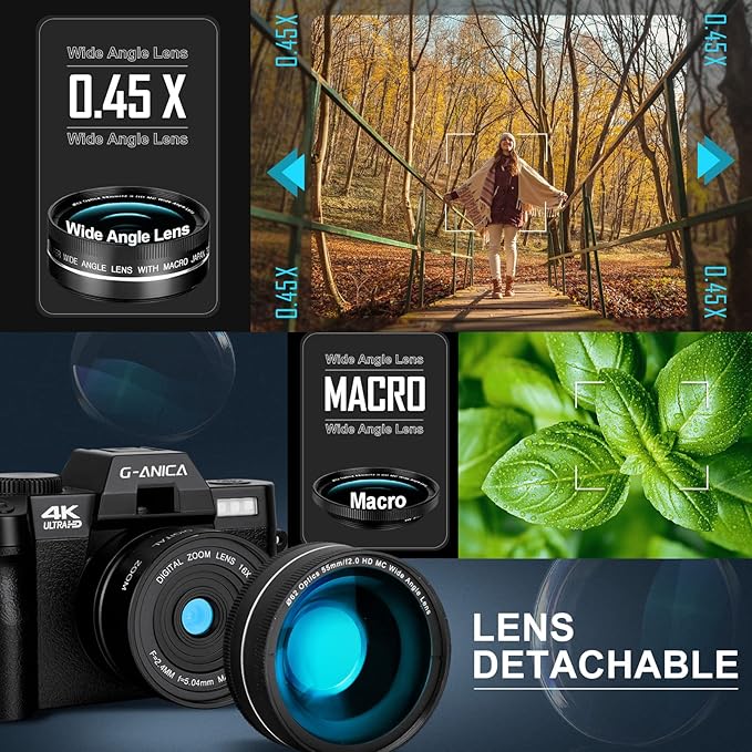 TURE 4K Digital Cameras for Photography, 48MP Vlogging Camera for YouTube with Microphone, WiFi and Tripod Grip, Video Camera with Wide-Angle&Macro Lens, Content Creator Kit & Travel Camera