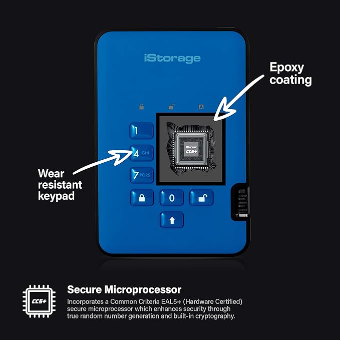 iStorage diskAshur2 SSD 8TB Blue | Secure portable solid state drive | Password protected | Dust & water resistant | Hardware Encryption