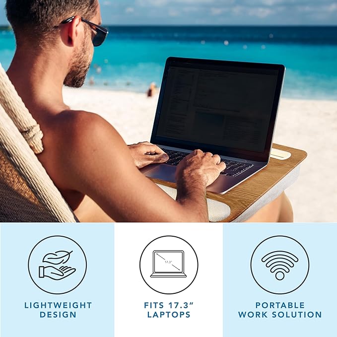 LAPGEAR Portable Laptop Lap Desk with Pillow Cushion, Anti-Slip Strip, Tablet or Phone Storage Slot, Pen and Pencil Pocket, and Wrist Rest - White Oak Woodgrain - Fits 15.6" Laptops - Style No. 91349