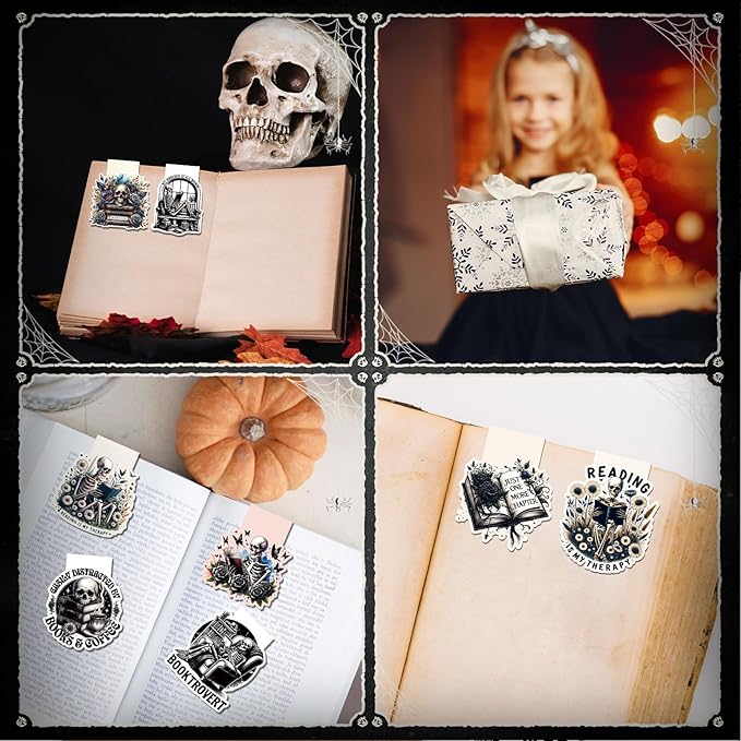 Skeleton Reading Bookmark Magnetic - 8 Pcs Gothic Skeleton Bookmarks Magnets Horror Skull Flower Book Marks Page Magnets Marker Clip Gift for Women Men Students Teacher Book Lovers Reading