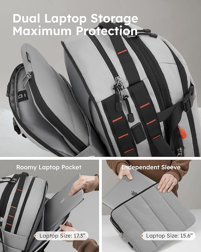 Tolaccea Carry on Travel Backpack, TSA Friendly Flight Approved Laptop Backpack Duffle Bag for Men Women with Dual Laptop Storage for 17.3", Expandable Business Rucksack 40L-50L Large - Grey