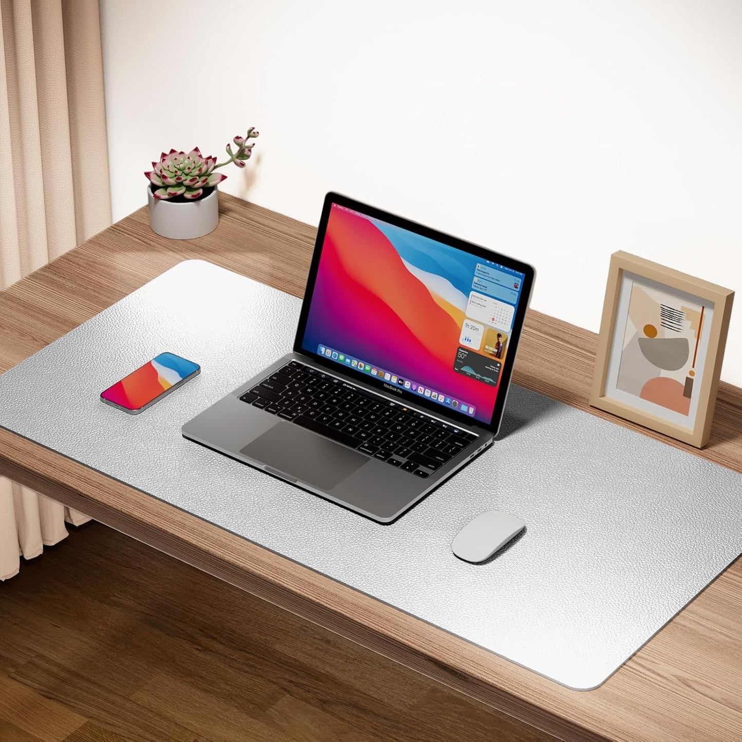 Boutilon Leather Desk Pad Protector,Non-Slip Mouse Pad,Laptop Desk Pad,Office Mouse Mat,Waterproof Leather Desk Blotter,Desk Writing Pad for Office and Home (M-Silver,30"x14")