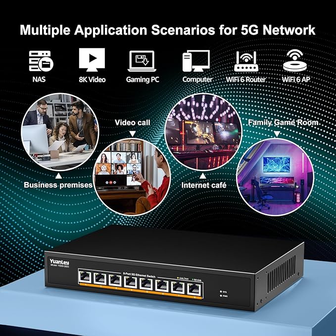 YuanLey 8-Port 5G Ethernet Switch, 8 x 5Gbps RJ45 Ports, Support 5G/2.5G/1G/100Mbps Speed Auto-Negotiation, 80Gbps Switching Capacity, Unmanaged Switch Rackmountable, Plug and Play