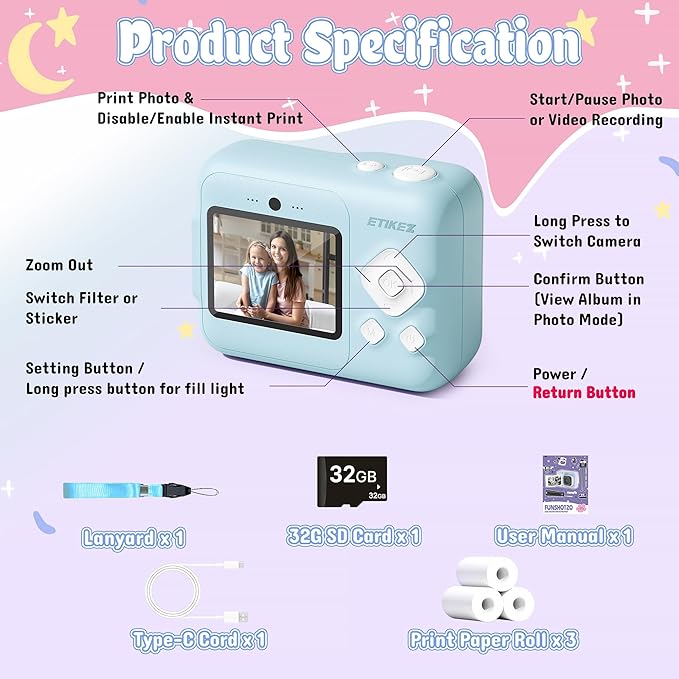 Kids Camera, 1080P Instant Digital Print Camera for Kids, Christmas Birthday Gifts for 4 5 6 7 8 9 10 Year Old Girls Boys, Portable Toy with 32GB SD Card & 3 Rolls Printing Paper, 1 Count, Blue