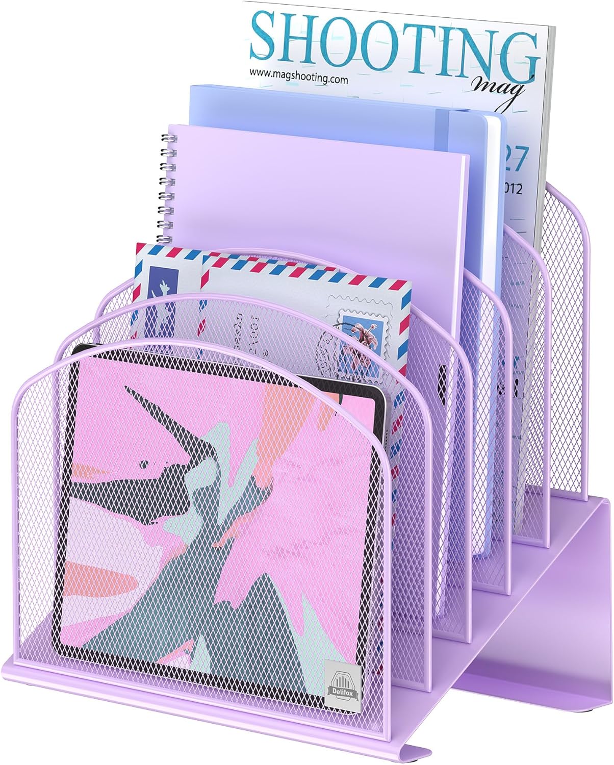 Inclined Desk File Organizer, 5-Section Vertical File Folder Holder Stand Metal Rack File Sorter for Office Classroom Desktop Organization (Purple, 1Pack)