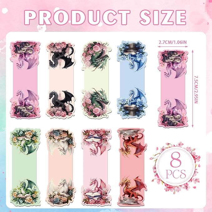 Dragon Flower Magnetic Bookmark - 8 Pcs Fantastic Book Marks Magnets Dragon Floral Leaf Magnetic Bookmarks Cool Animal Bookmark Page Clip Gifts for Book Lovers Students Teacher School Reading