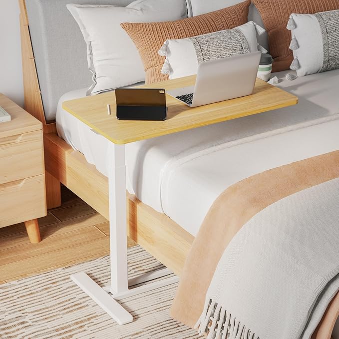 SANODESK Medical Adjustable Overbed Bedside Table with Hidden Casters, Pneumatic Mobile Laptop Computer Standing Desk Cart with Tray, Hospital and Home Use(31.5" W x 17.7" D, Maple)