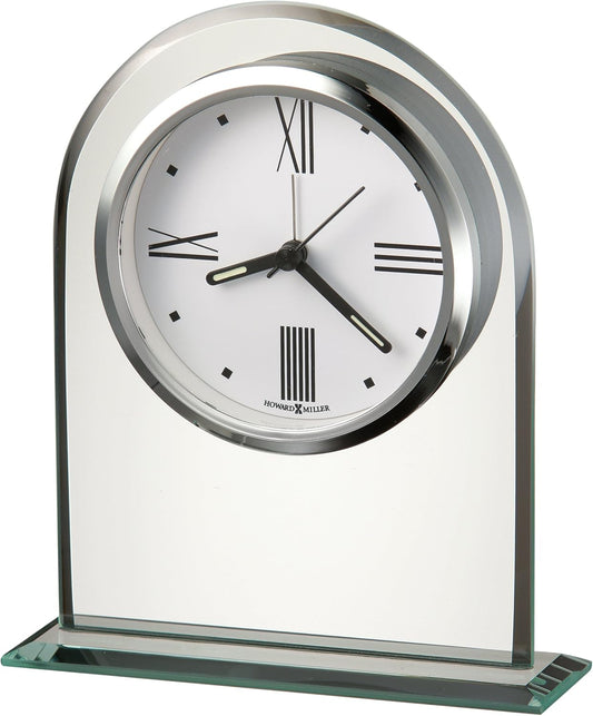 Howard Miller Regent Table Clock – Modern Tabletop Alarm Clock with Beveled Glass Arch, Quartz Movement, White Dial & Black Accents – Decorative Desk Clock for Bedroom, Living Room & Office
