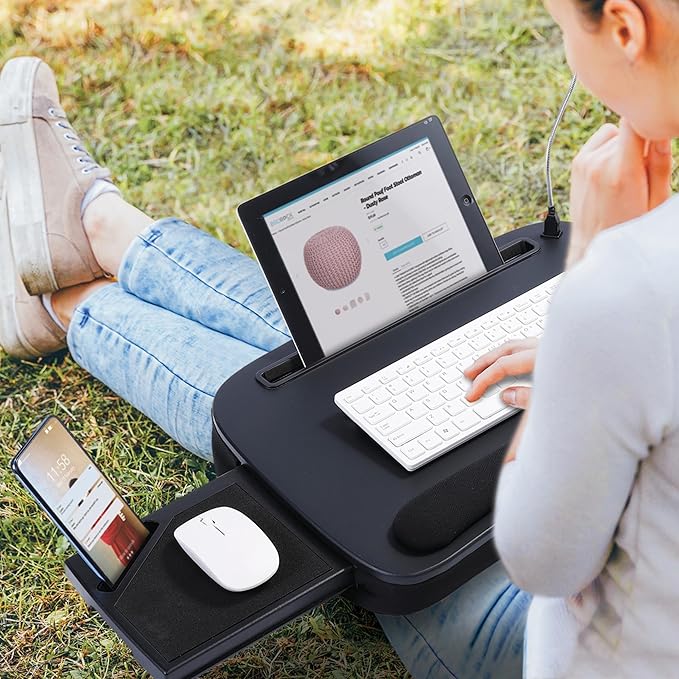 BIRDROCK HOME Multi-Tasking Lap Desk with Memory Foam Cushion | USB Light and Mouse Pad | Fits Laptops Up to 15" | Tablets Up to 9.6" | Smartphones Up to 4" | Black Spackle Top | Home Office