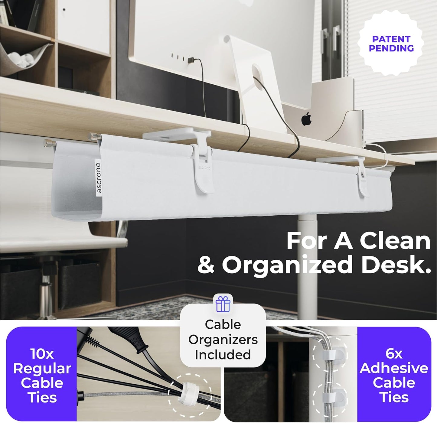 Original No Drill Under Desk Cable Management Tray 14.1" - Premium White Fabric Cable Management Under Desk - Clamp/Screw Mount Cord Organizer - Supports Upto 66lbs