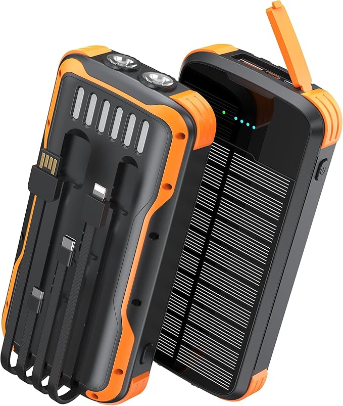 Solar Charger Power Bank, PD 20W Fast Charging External Batter, 40000mAh Portable Phone Charger Built in 4 Cables with Dual Bright Flashlights for Camping, Hiking, and Outdoor Use