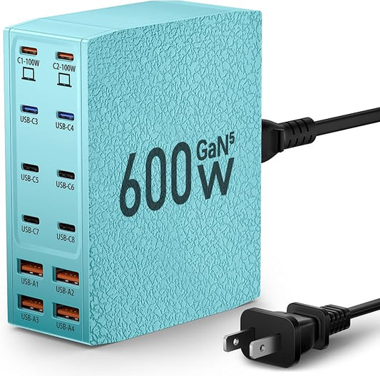 Charging Station (600W),12-Port USB C Charger Block with Dual 100W PD USB-C Fast Charging Station Hub for MacBook Pro/Air/All iPad Phone 17/16 15/14/13/Pro Max/Samsung Galaxy Note(Green)