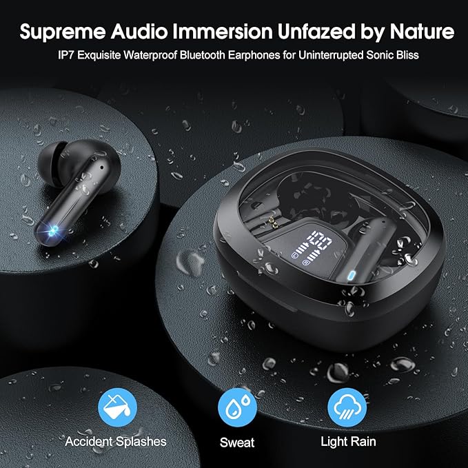 Wireless Earbuds, Bluetooth 5.4 Headphones, HiFi Stereo Bass Ear Buds, in Ear Earbuds with 4 ENC Noise Cancelling Mic, 45H, LED Display, IP7 Waterproof, Earphones for Phone Android/iOS Sports, Black
