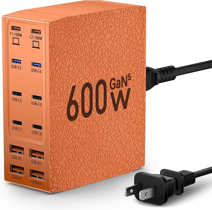 USB Charging Station (600W),12-Port USB C Charger Block with Dual 100W PD USB-C Fast Charging Station Hub for MacBook Pro/Air/All iPad Phone 17/16 15/14/13/Pro Max/Samsung Galaxy Note(Orange)