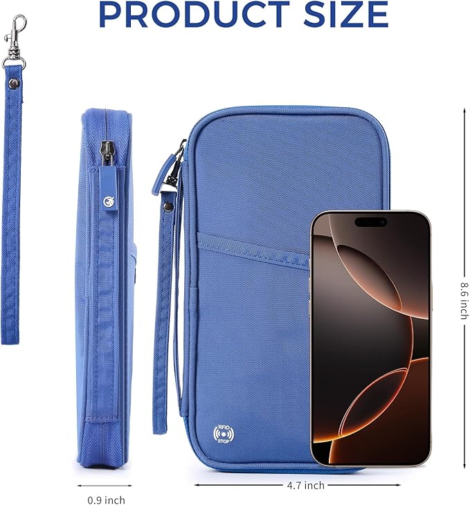 Travel Passport Holder, Large Family Passport Walle for Men Women RFID Passport Cover Lightweight Portable Document Organizer with Wrist Strap (Blue)