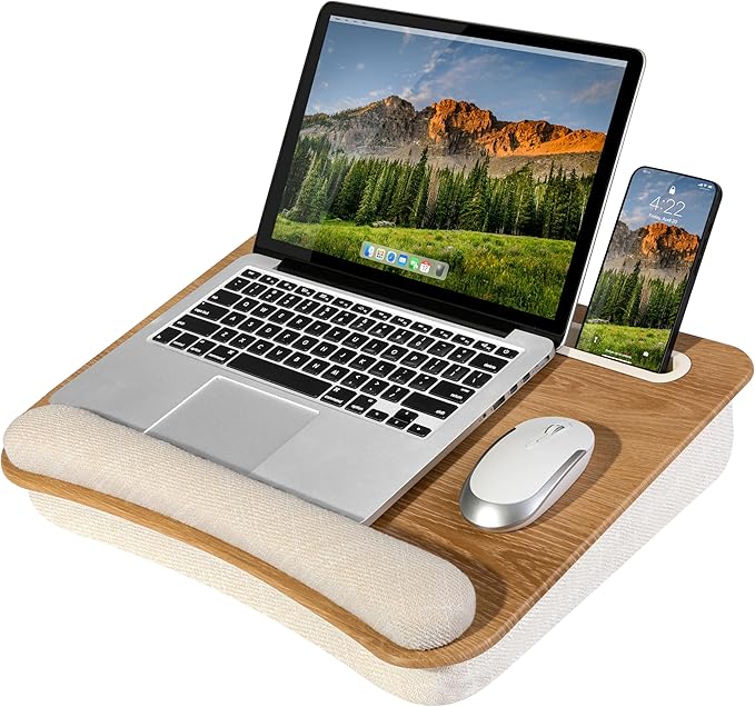 LAPGEAR Portable Laptop Lap Desk with Pillow Cushion, Anti-Slip Strip, Tablet or Phone Storage Slot, Pen and Pencil Pocket, and Wrist Rest - White Oak Woodgrain - Fits 15.6" Laptops - Style No. 91349