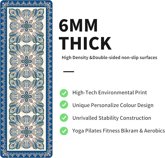 nuveti Yoga Mat Print Extra Thick TPE Non Slip Fitness Exercise Mat with Carrying Bag,72"x24" Extra Thick 6MM Exercise & Workout Mat for Yoga, Pilates Fitness and Floor Exercises