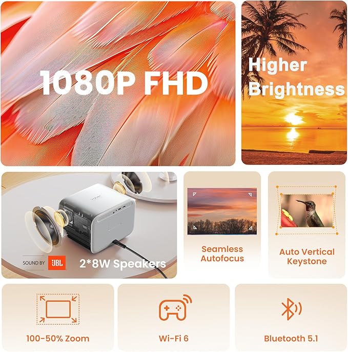 [Sound by JBL & Seamless Autofocus] Yaber 1080P Projector with WiFi 6 and Bluetooth, Portable Outdoor Movie Projector, Home Theater Projector for iPhone/TV Stick/HDMI/USB/Laptop/PS5-White