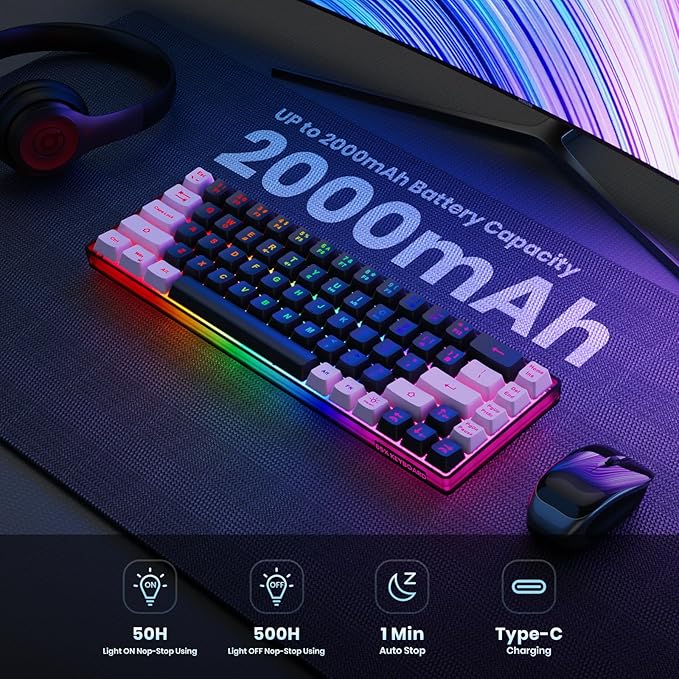 65% Wireless Gaming Keyboard, LED Backlit Gaming Keyboard, 68 Keys Ultra-Compact Anti-ghosting No-Conflict Wireless Keyboard for PC Laptop Windows Gamer(Black-Pink)