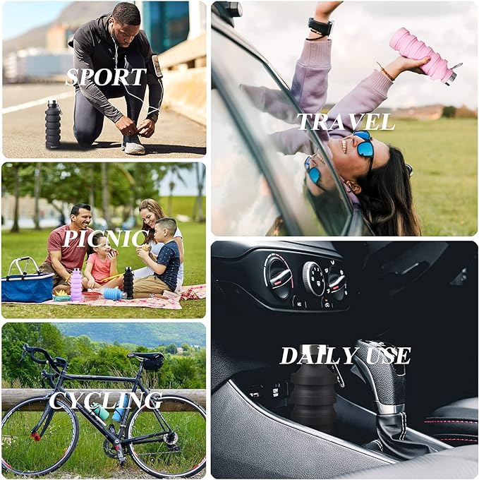 Nefeeko Collapsible Water Bottle, Reuseable BPA Free Silicone Foldable Water Bottles for Travel Gym Camping Hiking, Portable Leak Proof Sports Water Bottle with Carabiner