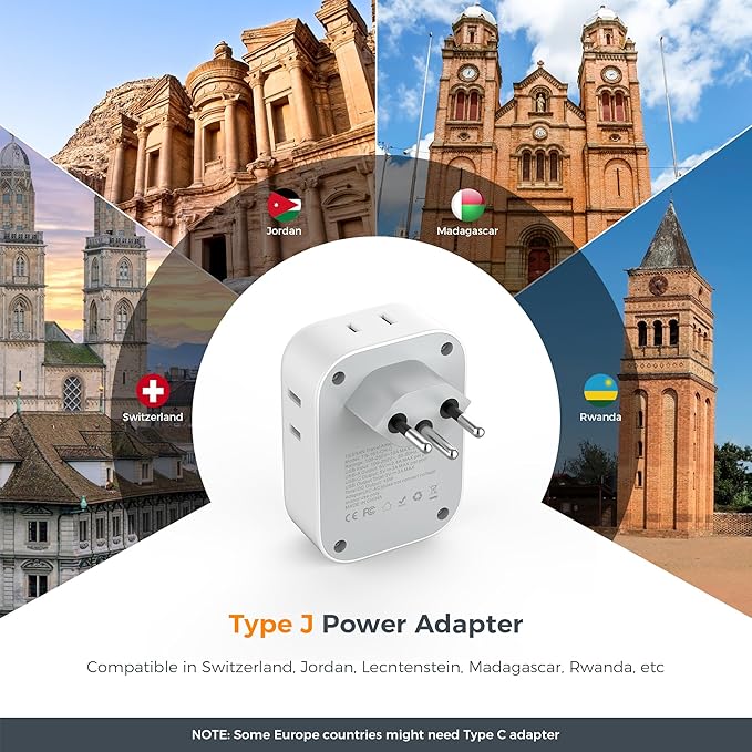 Switzerland Power Adapter 2 Pack, TESSAN Type J Adaptor with 4 Outlets 3 USB Charging Ports(1 USB C), Swiss Travel Plug for US to Switzerland, Liechtenstein, Rwanda