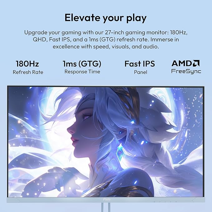 Pixio PX278 Wave Blue 27 inch 180Hz Refresh Rate QHD 1440p Resolution Fast IPS Panel 1ms GTG Response Time Blue Gaming Monitor with FreeSync