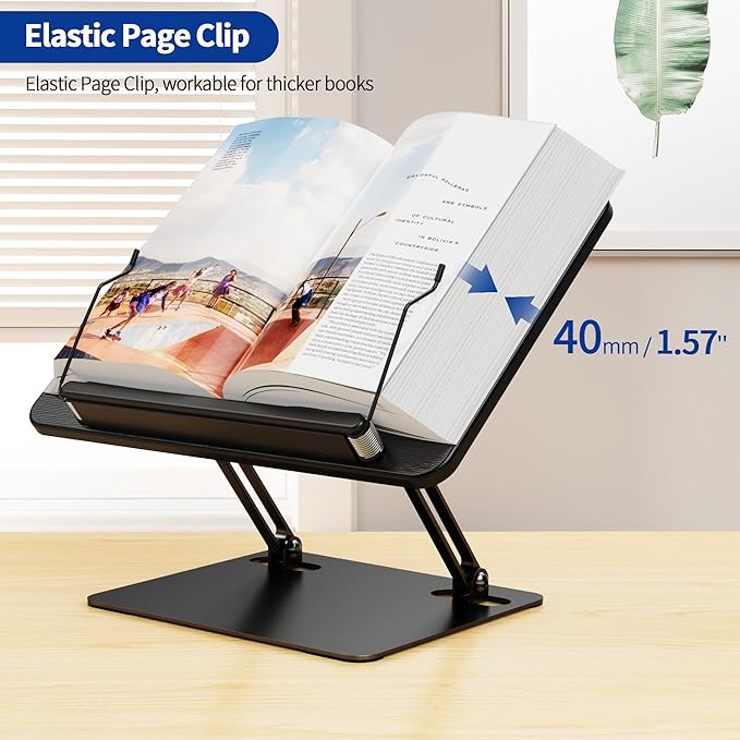 BESIGN BS01 Book Stand for Reading, Adjustable Book Holder, Ergonomic Laptop Stand with Elastic Page Clips for Music Scores, Recipe, Tablet, Laptop (Black)