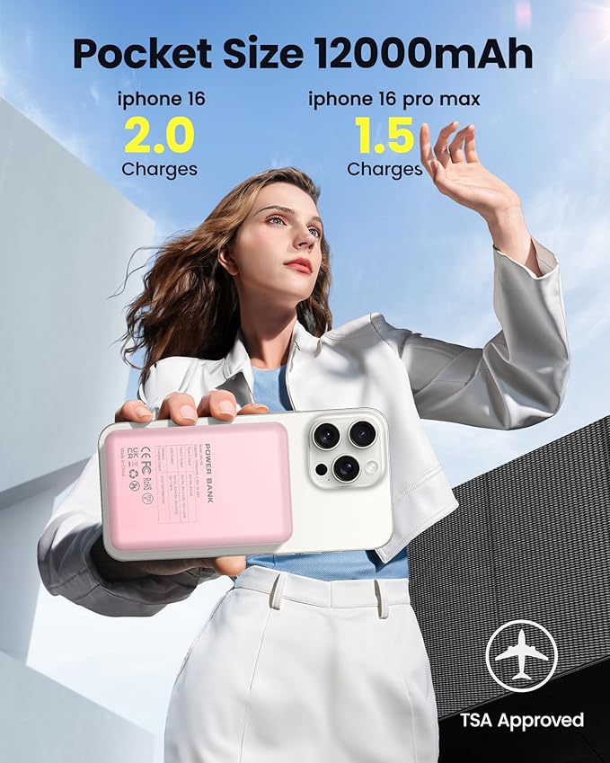 for Magsafe Battery Pack 12000mAh Magnetic Power Bank Portable Charger 20W USB C Fast Charging Wireless Charger for iPhone 17/16/15/14/13/12