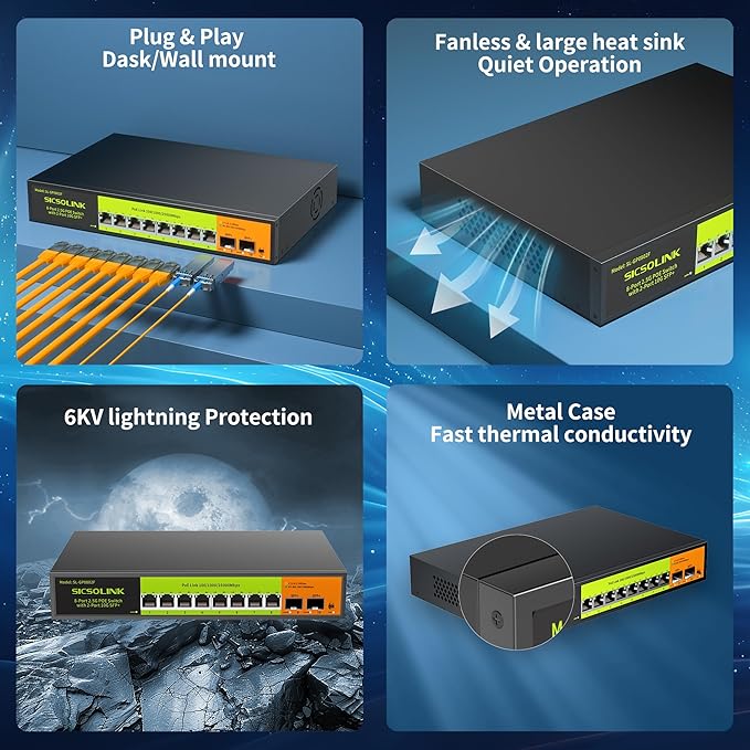 2.5Gb PoE+ Switch 10-Port Unmanaged with 8*2.5G Base-T PoE+ Ports, 2*10G SFP+ , IEEE802.3af/at , 80Gbps Switching Capacity, Metal, 2.5Gbe PoE Switch for NAS, PC, AP.