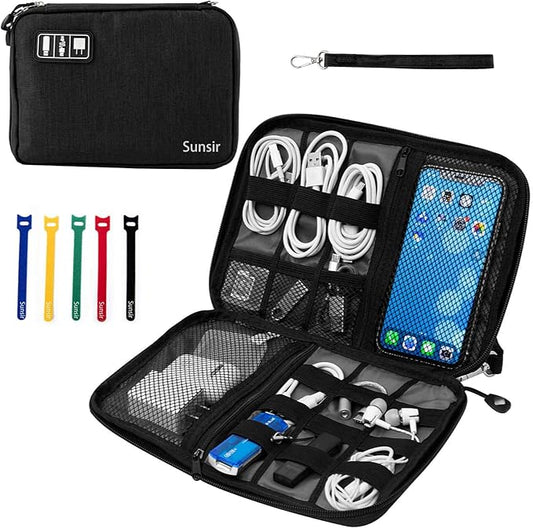 Travel Cable Organizer Bag Waterproof Portable Electronic Accessories Organizer for USB Cable Cord Phone Charger Headset Wire SD Card with 5pcs Cable Ties(Black)
