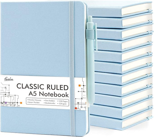 feela 12 Pack Notebooks Journals Bulk, Hardcover Notebook Classic Ruled Lined Journals with Pen Holder for Women Girls School Business Supplies, with 12 Black Pens, 120 GSM, 5.1”x8.3”, A5, Light Blue