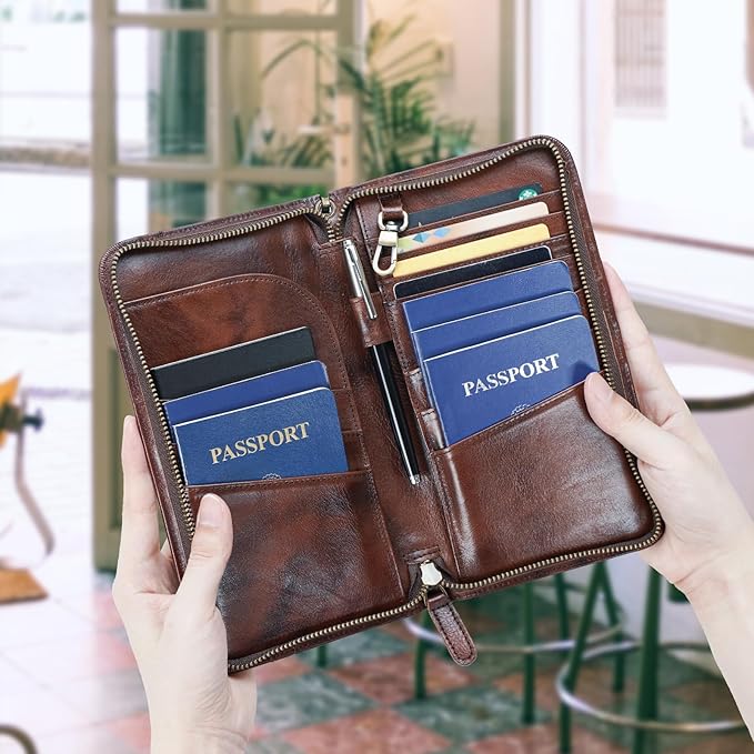 Polare Full Grain Leather Family Travel Passport Wallet and Documents Organizer RFID Blocking Case Holder Fits 6 Passports for Men and Women