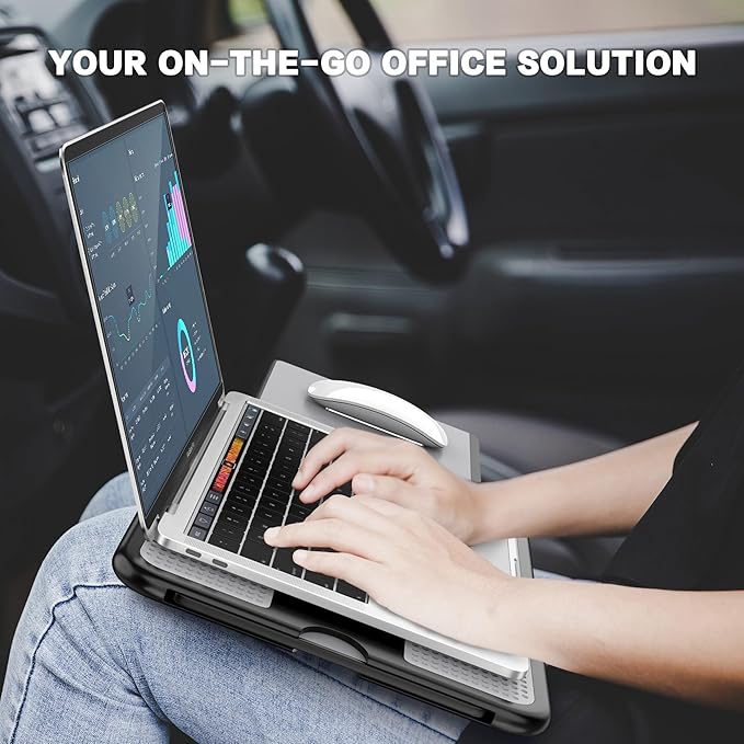 AboveTEK Portable Laptop Lap Desk w/Retractable Left/Right Mouse Pad Tray, Non-Slip Heat Shield Tablet Notebook Computer Stand Table w/Sturdy Stable Work Surface for Bed Sofa Couch or Travel