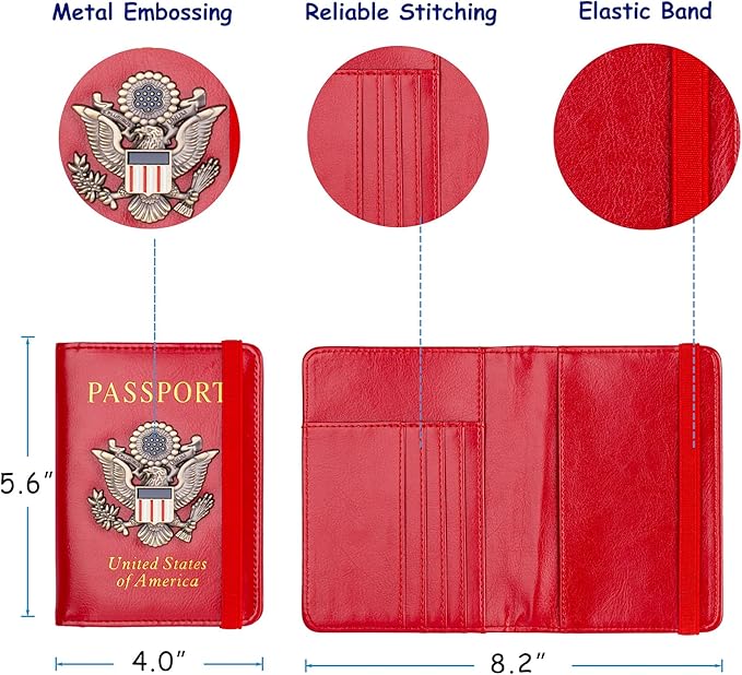 TOURSUIT Rfid Blocking Passport Holder for Women Men, Leather Passport Travel Wallet with Metal 3D Metal Badge, Travel Document Holder Cover Accessories (Red)