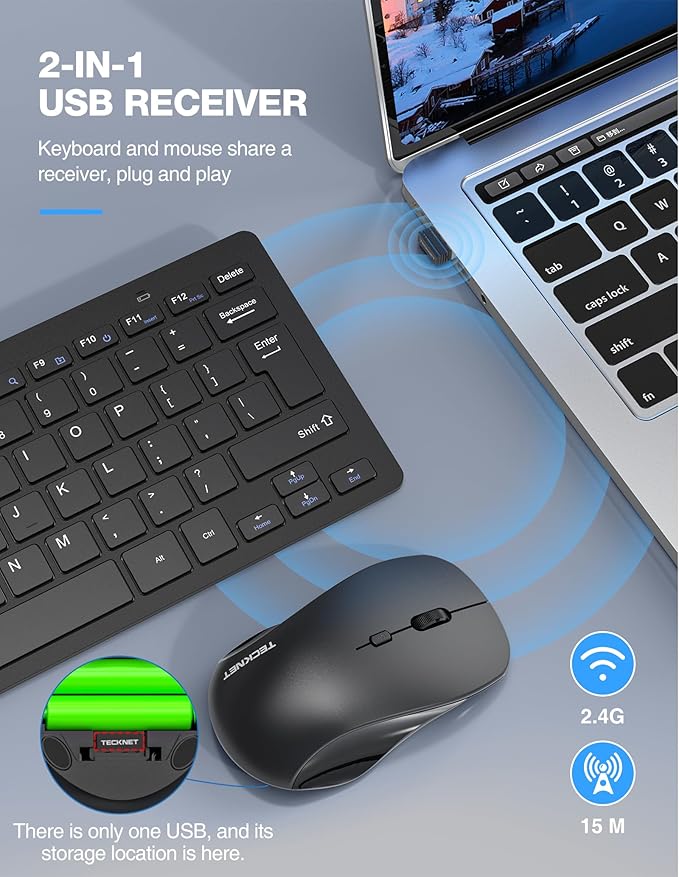 TECKNET Wireless Keyboard and Mouse Combo, Mini Cordless Computer Keyboard and Mouse Set 2.4GHz, Silent Adjustable 1600 DPI, Quiet Click, Lag-Free for Computer, Laptop, PC, Windows, Mac, Chrome OS