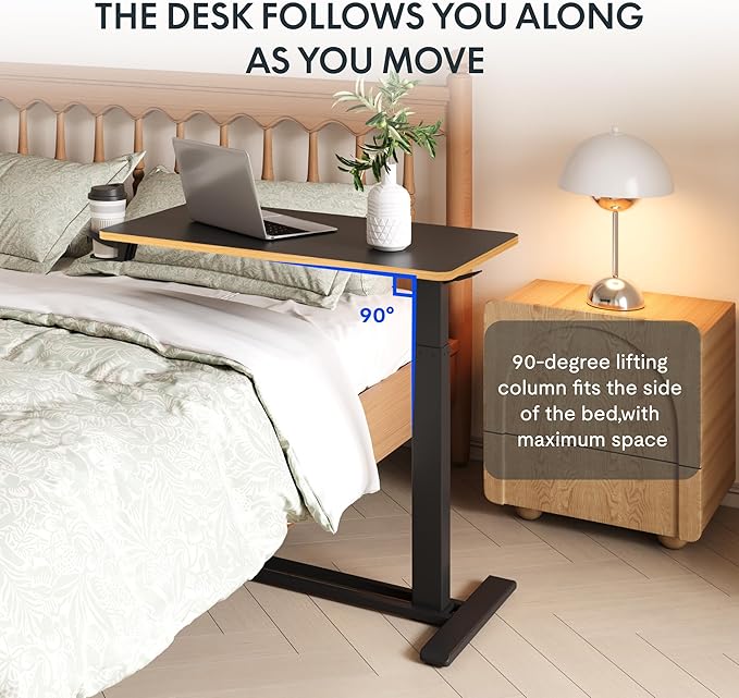 FLEXISPOT H7 Adjustable Overbed Bedside Table with Wheels Pneumatic Mobile Standing Desk Laptop Desk Rolling Computer Cart Movable Overbed Table Hospital Home Use(31.5" W x 17.7" D, Black Maple Large)