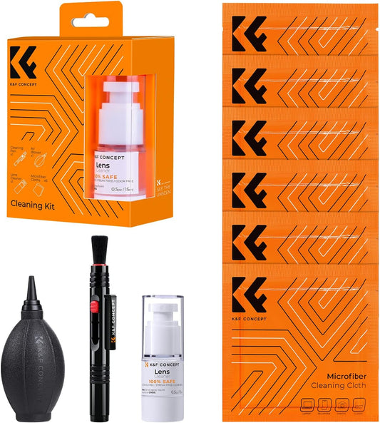 K&F CONCEPT 9-in-1 Camera Lens Cleaning Kit for DSLR Camera Lens Filter Cell Phones with Air Blowing, Vacuum Cleaning Cloth*6, 15ml Cleaning Cloths Liquid, Lens Cleaning Pen