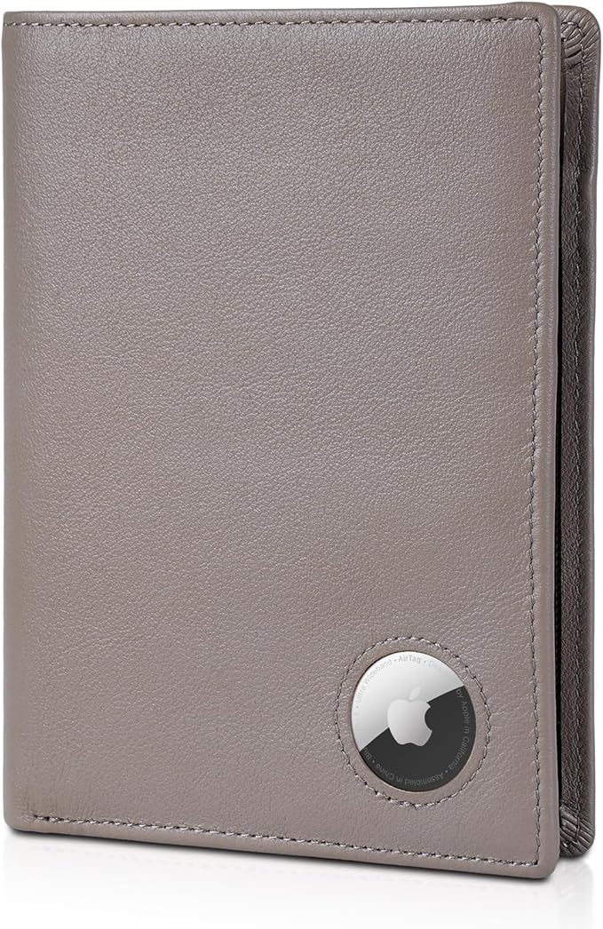 Polare Luxury RFID Blocking Leather Passport Holder Travel Wallet For Men and Women (Grey with AirTag Slot)
