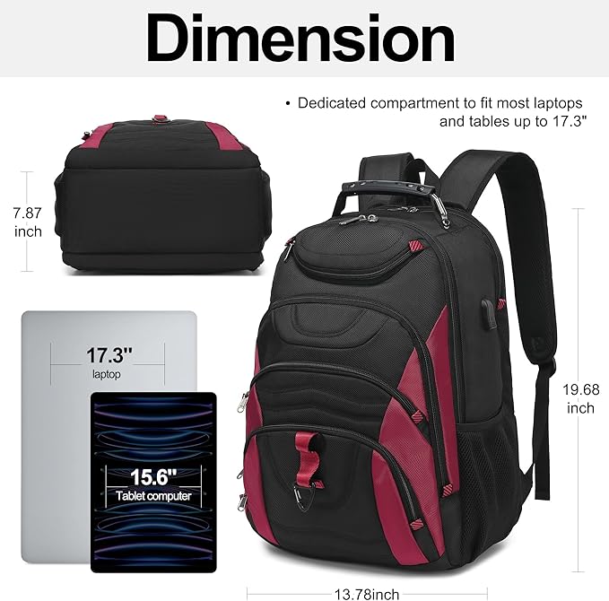 Boavan Laptop Backpack for men, 17.3 inch Laptop Bag with USB Port, Waterproof Travel Work Backpack Purse, Anti-Theft Teacher Nurse Doctor Casual Bookbags Office Business backpack，Black&Russet Red