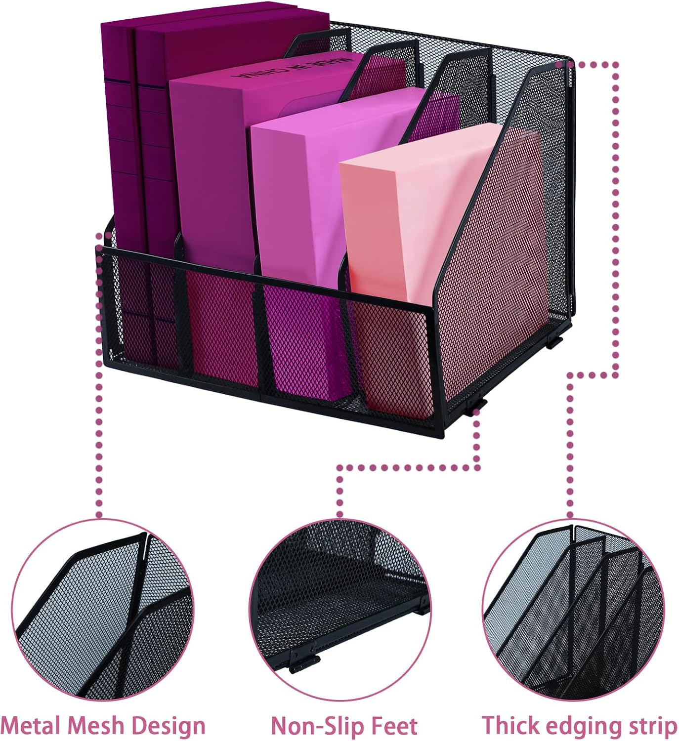 Desk Organizers, Metal Magazine File Holder with 4 Vertical Compartments Rack Binder File Organizer for Office Supplies, Home Workspace - Black