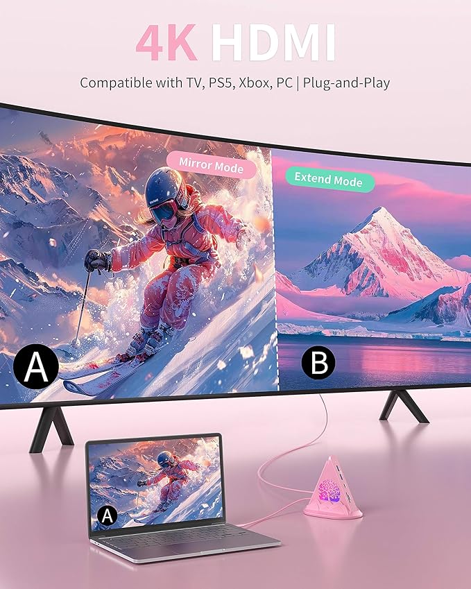 Pink USB C Hub, 8-in-1 USB C Multiport Adapter with 4K@30Hz HDMI, 100W Power Charging, 5Gbps Type C, 3 USB-A 3.0, SD/TF Slots& RGB Lighting, Pink Type C Hub for MacBook, iPhone17, iPad, XPS(Tree)