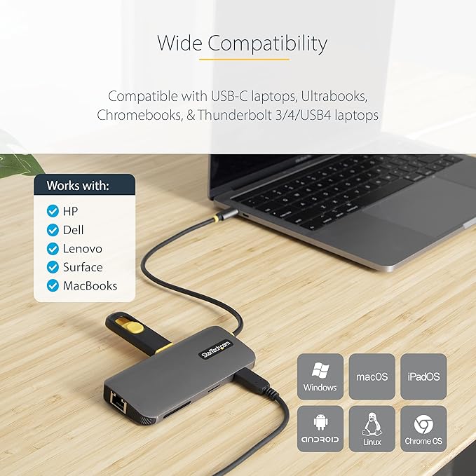 StarTech.com USB C Hub, 4K 60Hz HDMI Video with USB-C DP 1.4 Alt Mode, USB 5Gbps Dock for MacBook M1 M2 M3 M4 & Windows, Gigabit Ethernet, SD/MicroSD, 100W Charging, 12in Cable
