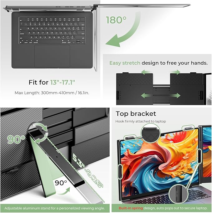 ZUMWALT Laptop Screen Extender, 14" FHD 1080P Dual Portable Monitor for Laptop, Ultra-Thin Travel Monitor Extender Fit 13”-17.3”, Plug and Play Compatible with Windows/Mac/Android/Chrome/Switch