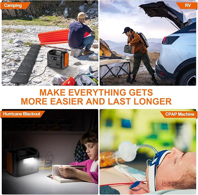 Portable Power Station with 55W Solar Panel, 299Wh LiFePO4 Backup Battery 300W Pure Sine Wave AC (600W Peak) Car Outlets PD 60W QC3.0 Solar Generator Power Bank for Camping, Emergency, CPAP